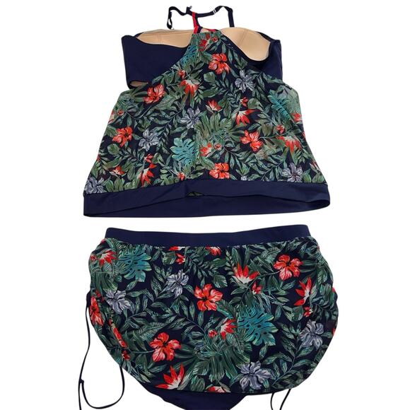 Cacique Swim Tankini Plus Size 22W Navy Floral Racerback Tank Skort Ruching Pool - Picture 8 of 15